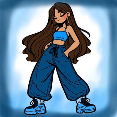 girl in baggy pants crop top and long hair