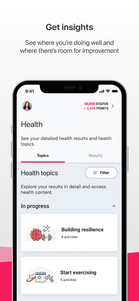 Power of Vitality mobile app health dashboard showing silver status points and activity progress