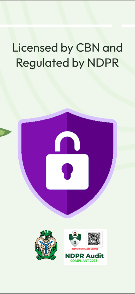 Zedvance: Loans & Bills - Security screen of the Zedvance app showing licensing by the Central Bank of Nigeria and NDPR regulation with a padlock shield icon.