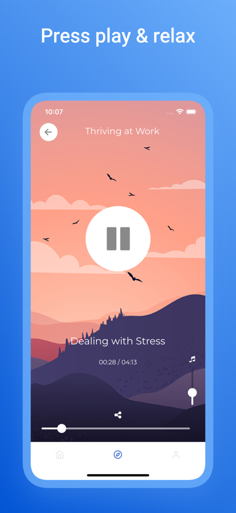 MindPlus - MindPlus app interface displaying an audio session for managing stress at work