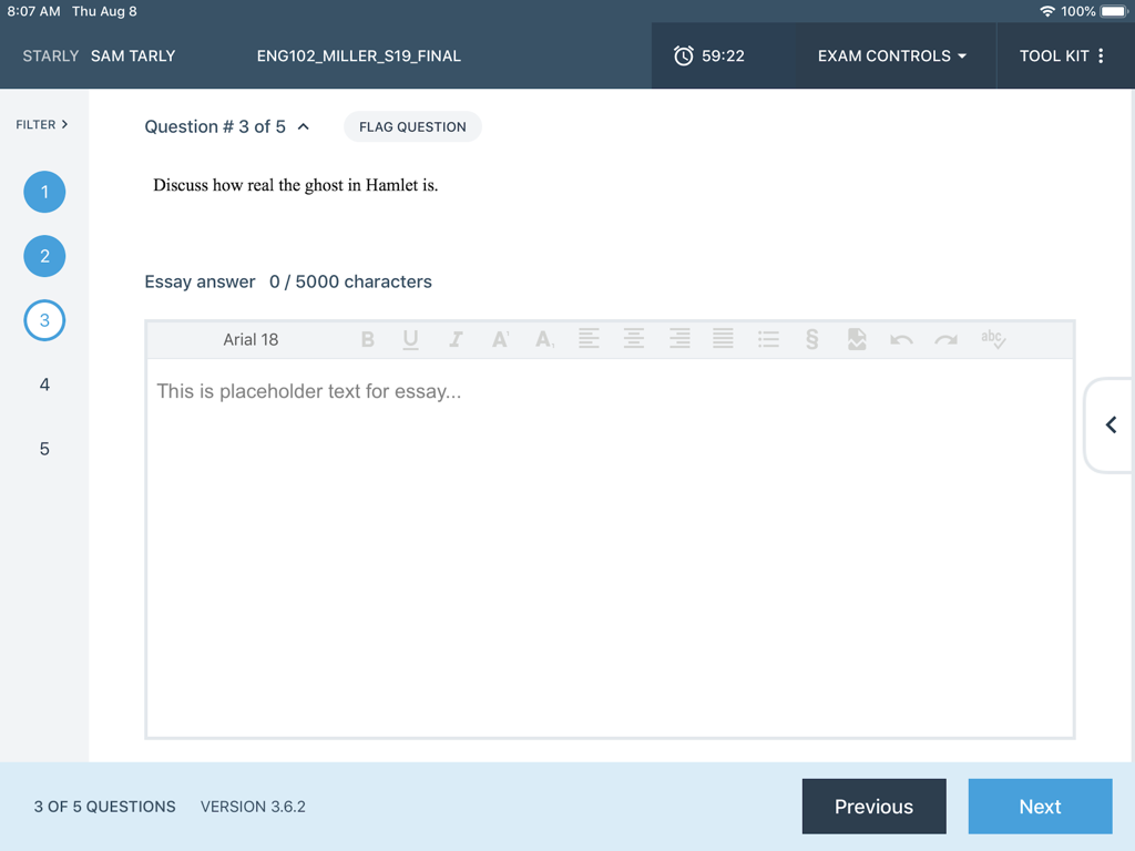 Examplify app interface showing an essay question about Hamlet with a text editor and exam timer.