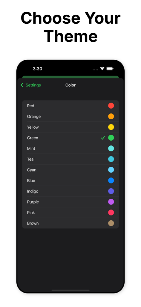 Bracket App - Bracket Appのトーナメントテーマカラー選択画面。ダークモードで様々なカラーオプションを表示。