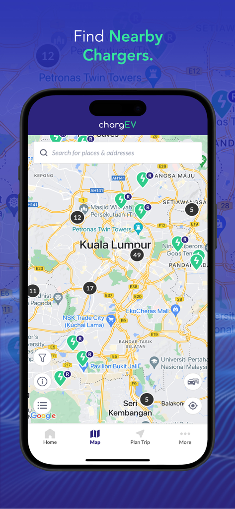 Smartphone screen displaying the chargEV app map with electric vehicle charging station locations in Kuala Lumpur