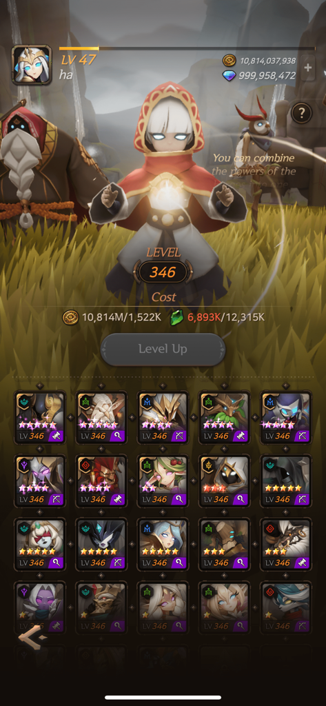 SOULS - Character level up screen in the SOULS mobile game featuring a red hooded hero and a collection of unique characters.