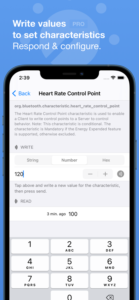 Bluetooth Inspector - Interface for writing numeric values to a heart rate control point characteristic in the Bluetooth Inspector app.