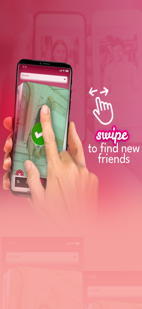 Connect App! - Una mano deslizando en la pantalla de un teléfono móvil mostrando la función de deslizar para encontrar nuevos amigos de Connect App.