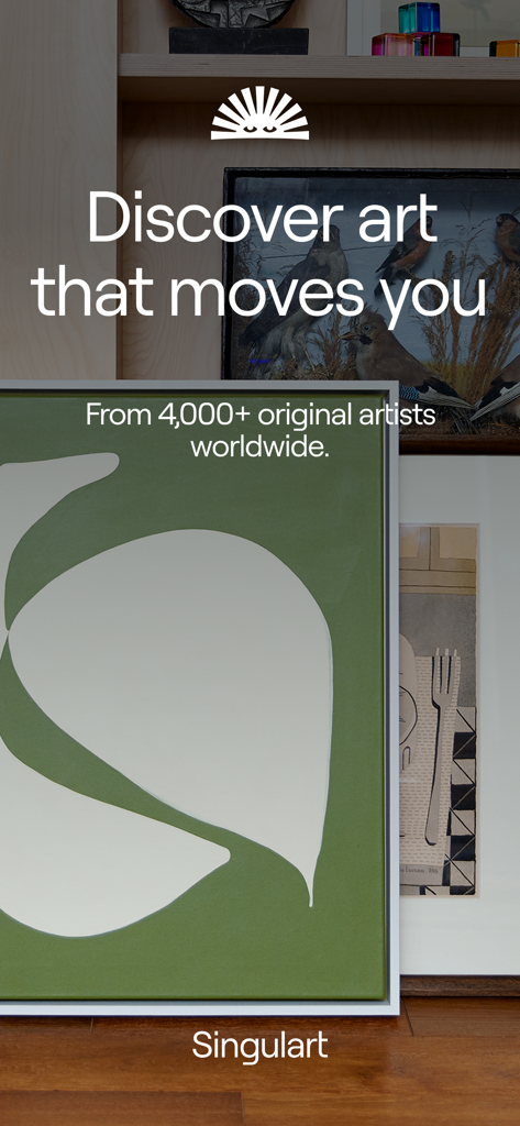 Singulart: Buy Original Art - Pantalla de la app Singulart mostrando arte contemporáneo original con el texto Descubre arte que te conmueva.