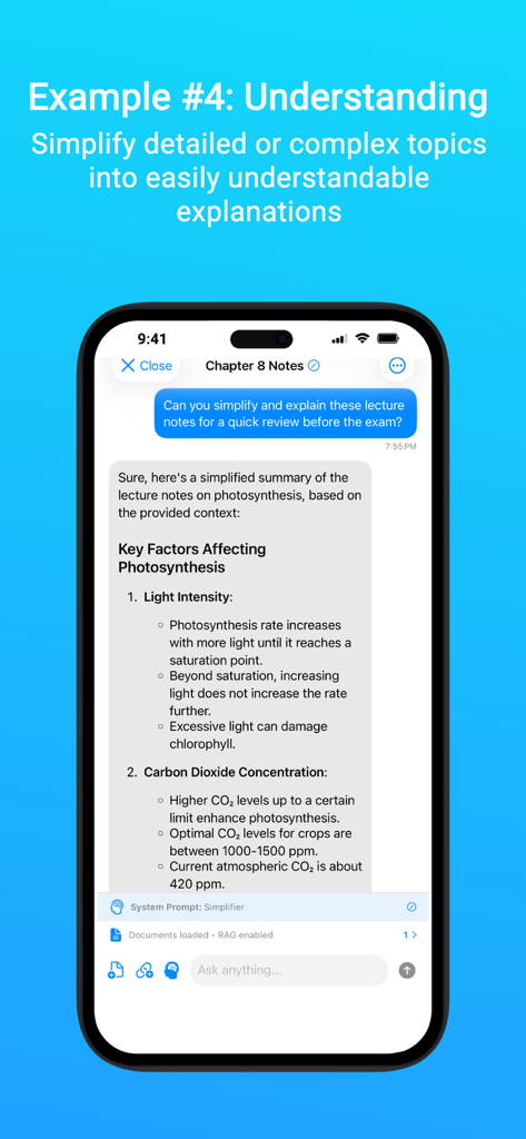 Private AI: Document Chat - The Private AI app interface showing an AI assistant simplifying complex photosynthesis lecture notes into an easy to understand summary.