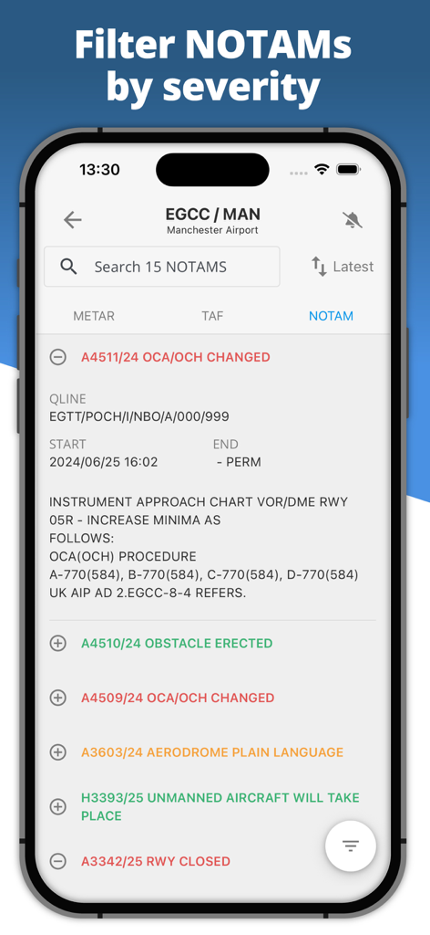 Airfield Watch - METAR & TAF - Airfield Watch 앱 인터페이스는 심각도 수준별로 정리된 공항 NOTAM을 표시합니다