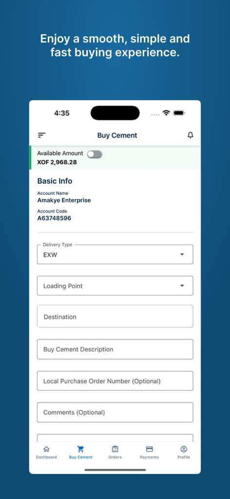 Karibu HM - Karibu HM mobile app interface for placing cement orders with delivery details