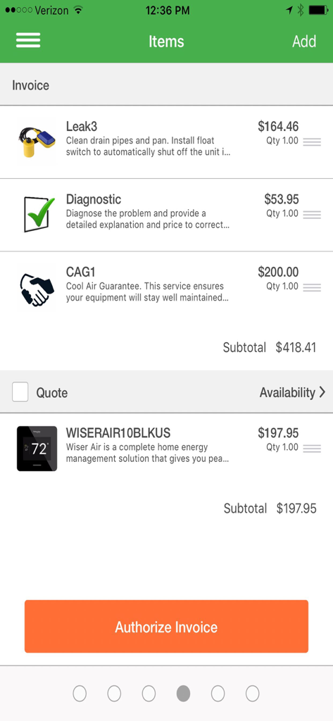 FieldEdge mobile app interface displaying a service invoice with line items, prices, and an authorize button.