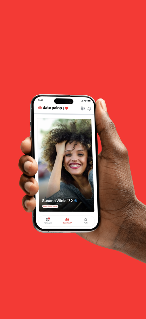 DatePALOP - Hand holding a smartphone displaying a profile on the DatePALOP dating app