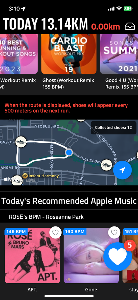 BeatRun Pro interface showing a running route map with collected shoes and Apple Music playlists categorized by BPM.
