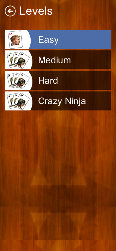 Nertz JD levels screen showing Easy Medium Hard and Crazy Ninja difficulty options on a wooden background