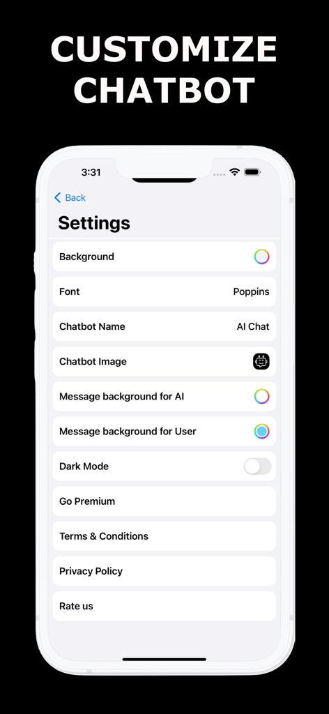 AI Chat Assistant : AIChat - AI Chat Assistant settings screen showing customization options for chatbot fonts backgrounds and themes
