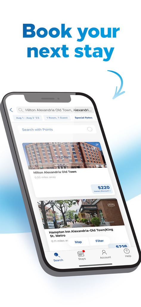 Captura de tela do aplicativo Hilton Honors mostrando resultados de pesquisa de hotel e preços para uma estadia em Alexandria.