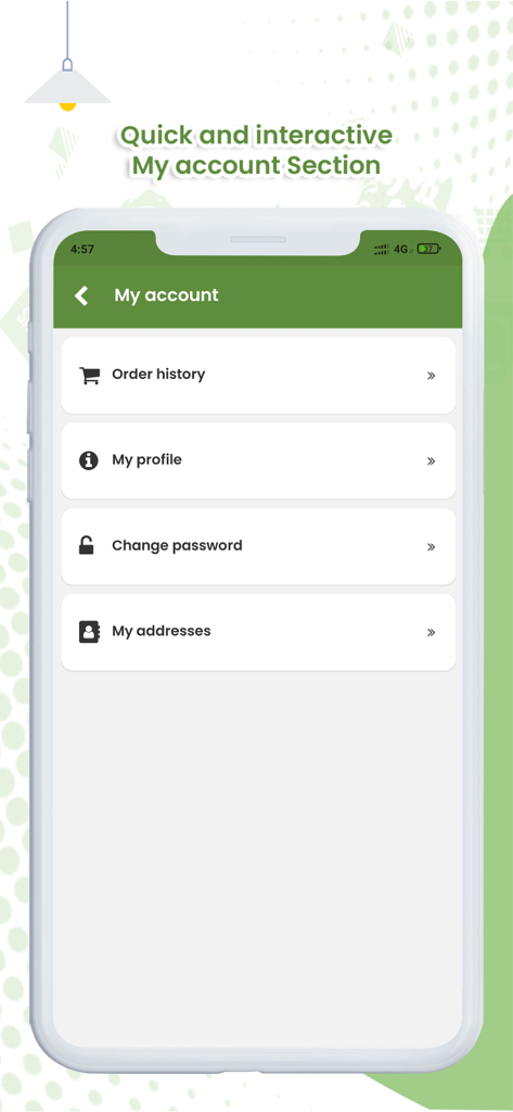 Shopifyストアのマイアカウントセクションを表示するモバイルアプリ画面。注文履歴やプロフィール管理などのオプションあり