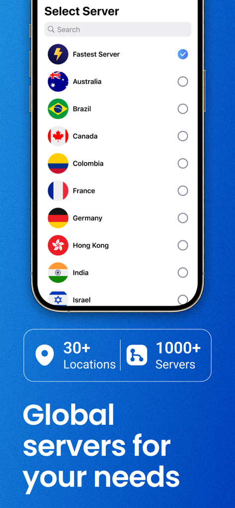 VPN Lumos app interface showing a list of global server locations and the fastest server option
