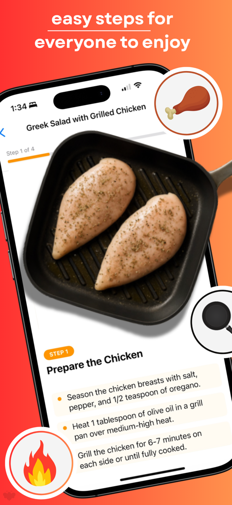 Chefy - AI Cooking Assistant - Chefy app displaying visual step by step cooking instructions for grilling chicken
