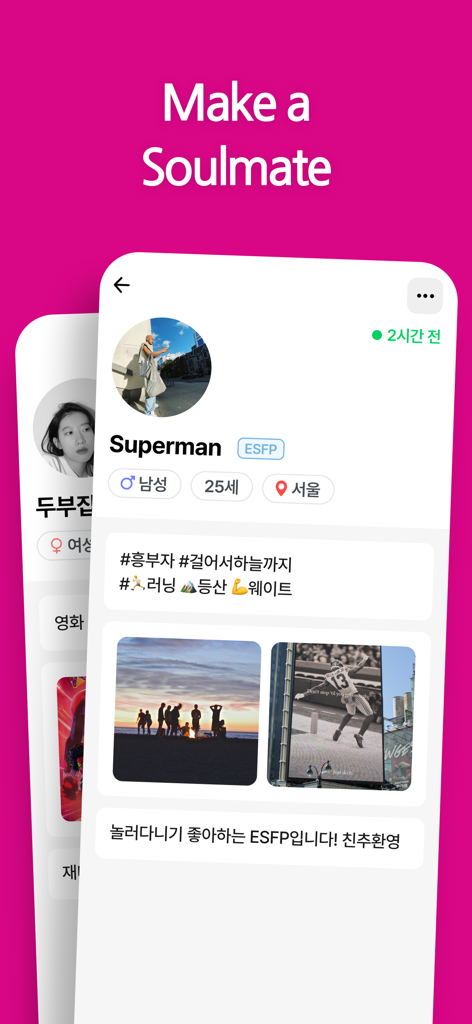 SNS Friends - Chat - SNS Friends Chat app interface showing a user profile for finding a soulmate.