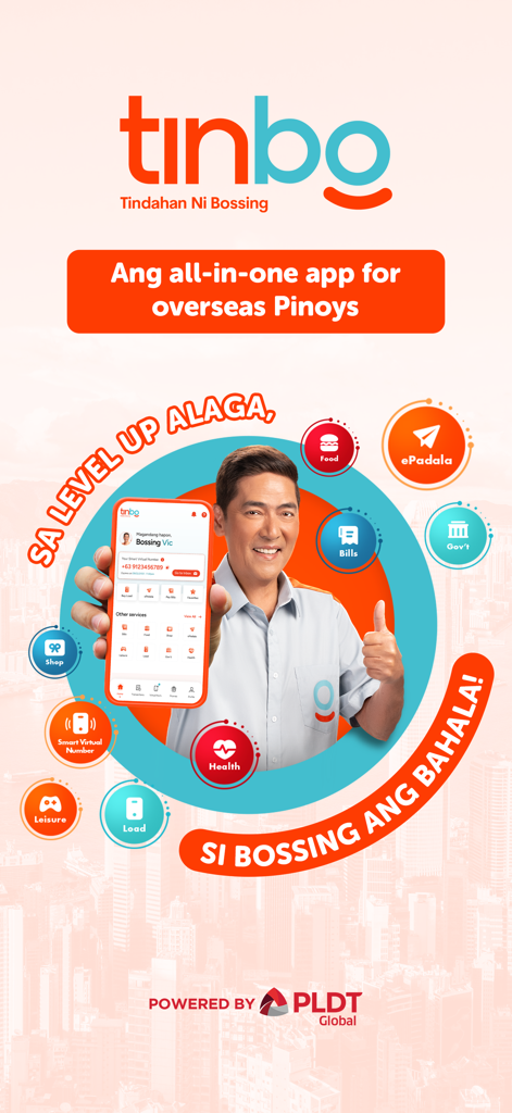TinBo (Tindahan ni Bossing) - TinBo app promotional banner showing services like bills payment and load padala for overseas Filipinos
