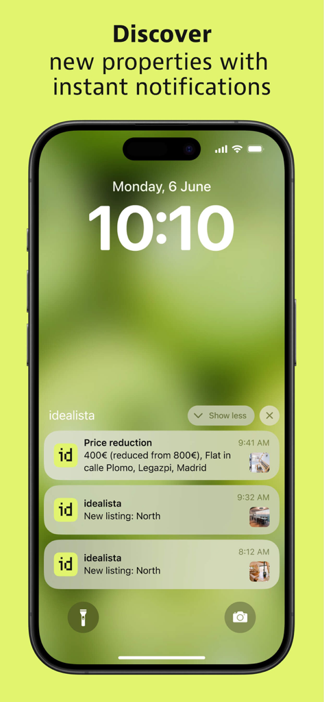 Smartphone lock screen displaying Idealista app notifications for property price reductions and new listings