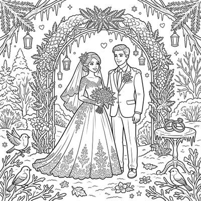 Step into a breathtaking winter fantasy with this Hoarfrost Wedding coloring page, capturing a romantic celebration adorned with delicate ice crystals. Explore intricate details of the bridal couple, frosty floral arches, and sparkling rings in a magical, snow-kissed setting.