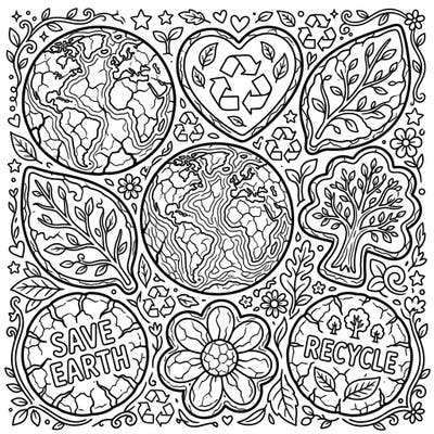 Dive into an eco-friendly coloring adventure with this unique design featuring crinkle-textured globes, leaves, and recycling symbols. Perfect for celebrating Earth Day while promoting environmental awareness through creative expression.