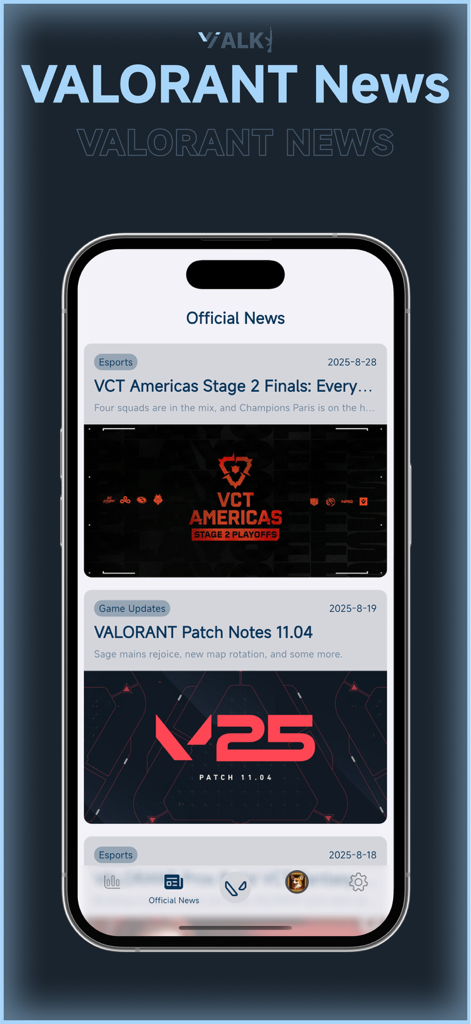 VALKI - Official news feed in the VALKI app showing Valorant patch notes and esports news.