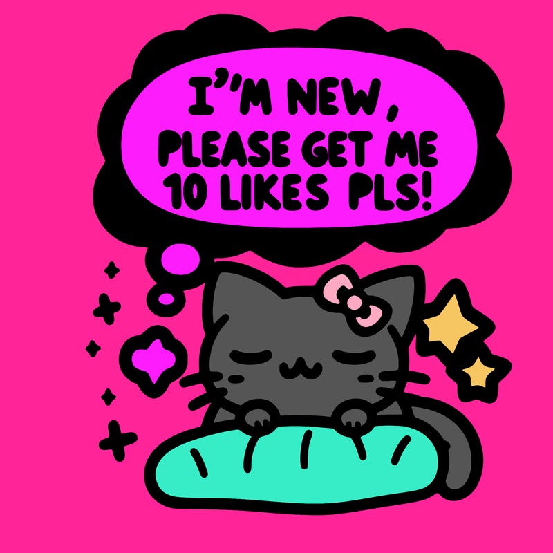 kitty taking a nap dream talking and saying "i'm new, please get me at least 10 likes pls!!"