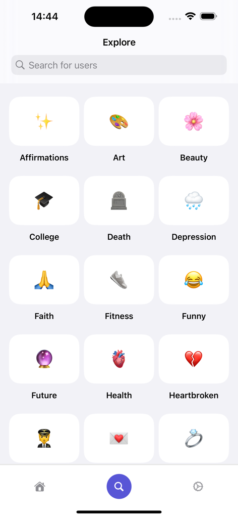 IGMax Postegro Social Media - Explore screen of the IGMax app showing a grid of content categories like Art Beauty and Fitness with corresponding emojis
