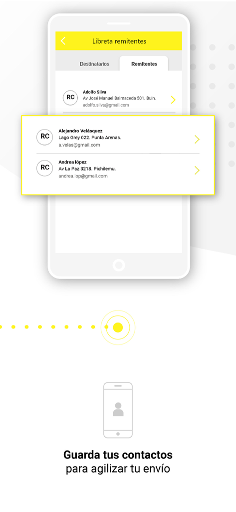 Chilexpress - Pantalla móvil que muestra la libreta de direcciones de remitentes de la aplicación Chilexpress con contactos guardados para envíos más rápidos.