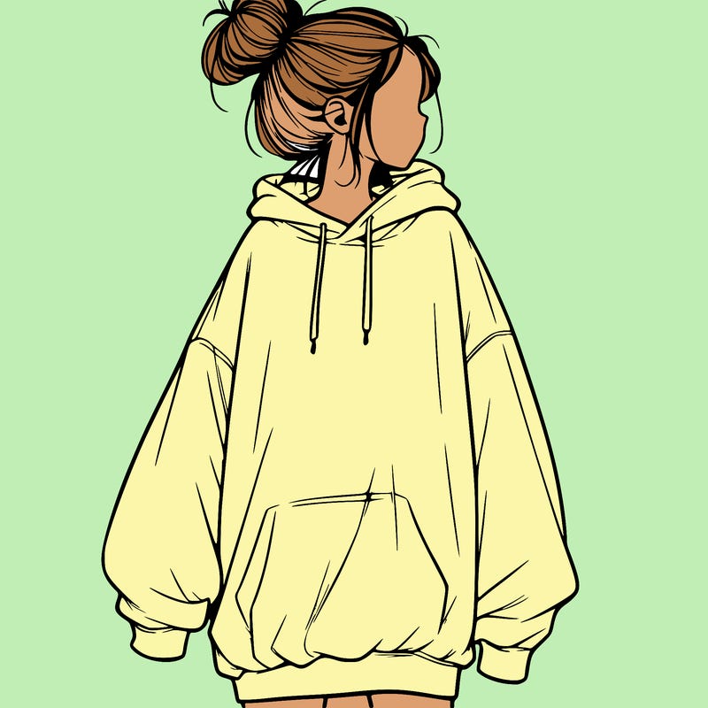 realistic girl with a oversized sweatshirt on and a bun