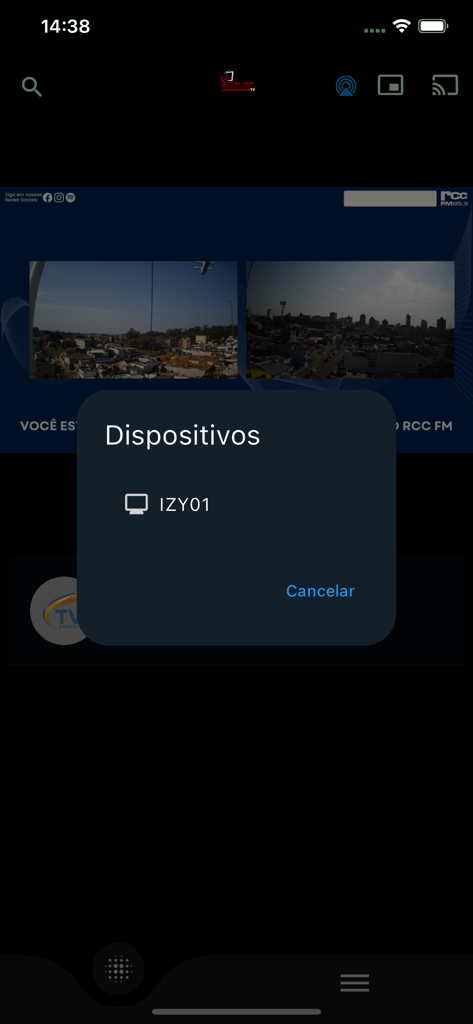 Cine Net TV mobile app interface showing a device selection popup titled Dispositivos with IZY01 listed as an option