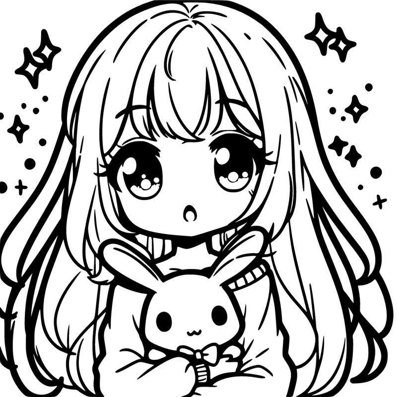 cute kawaii anime girl holding a bunny