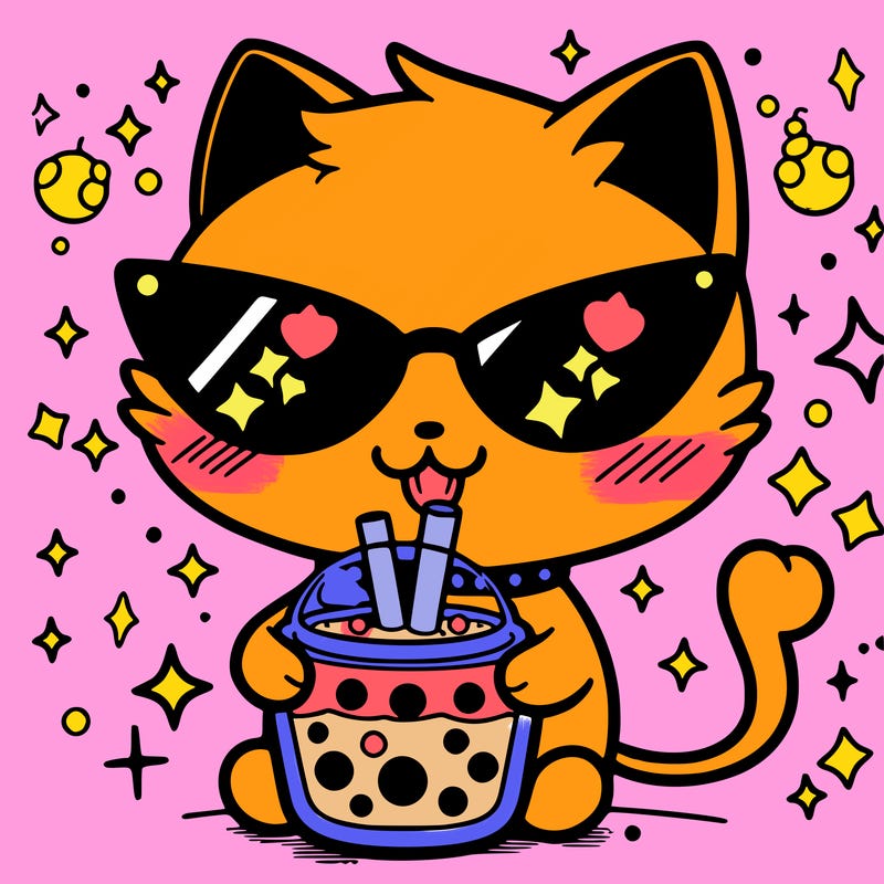 cute anime kitten drinking boba 🧋 with sunglasses