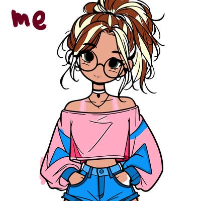 girl with a messy ponytail glasses a baggy crop top and jean shorts