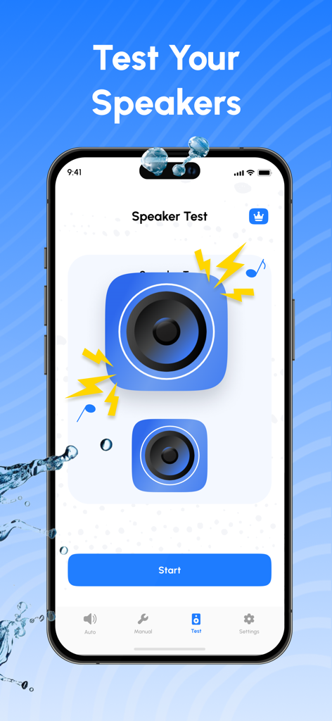 Water Remover: Speaker Cleaner - Interfaz de la aplicación Eliminador de Agua mostrando la función de prueba de altavoces con el botón de inicio