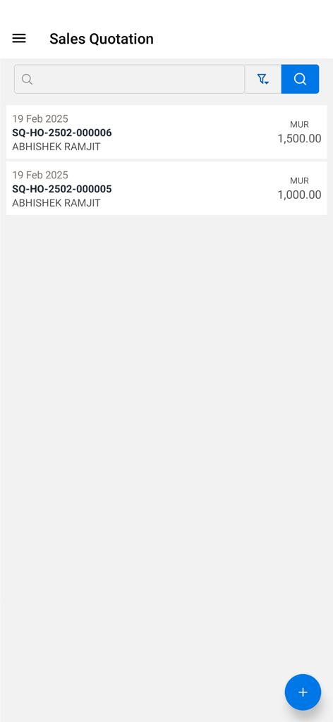 Interfaccia dell'app mobile Elastik che mostra un elenco di preventivi di vendita aziendali con funzioni di ricerca e filtro