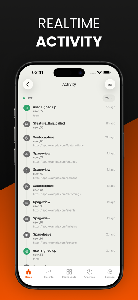 Hogit - PostHog Analytics - Feed de atividade em tempo real no aplicativo de análise PostHog Hogit mostrando eventos de usuário ao vivo