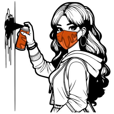 realistic girl with mask spray painting a wall