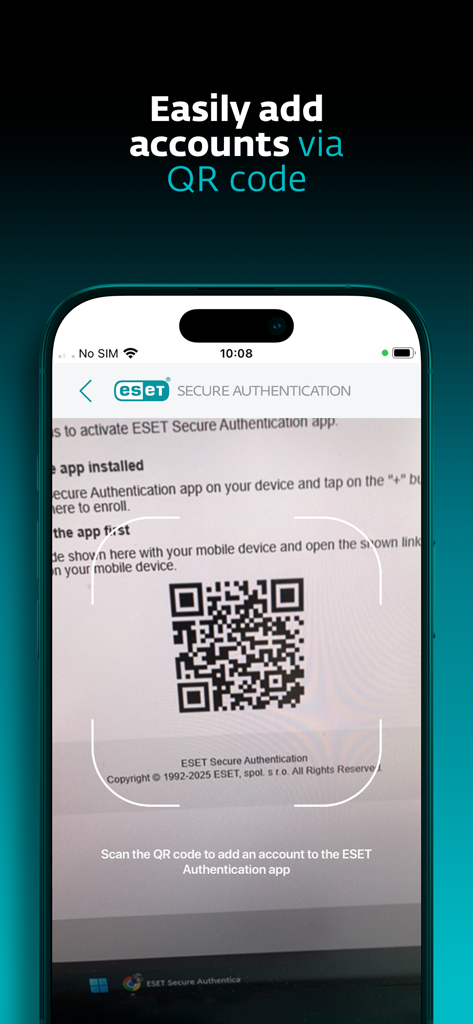 ESET Secure Authentication - ESET Secure Authentication app scanning a QR code to add a new account