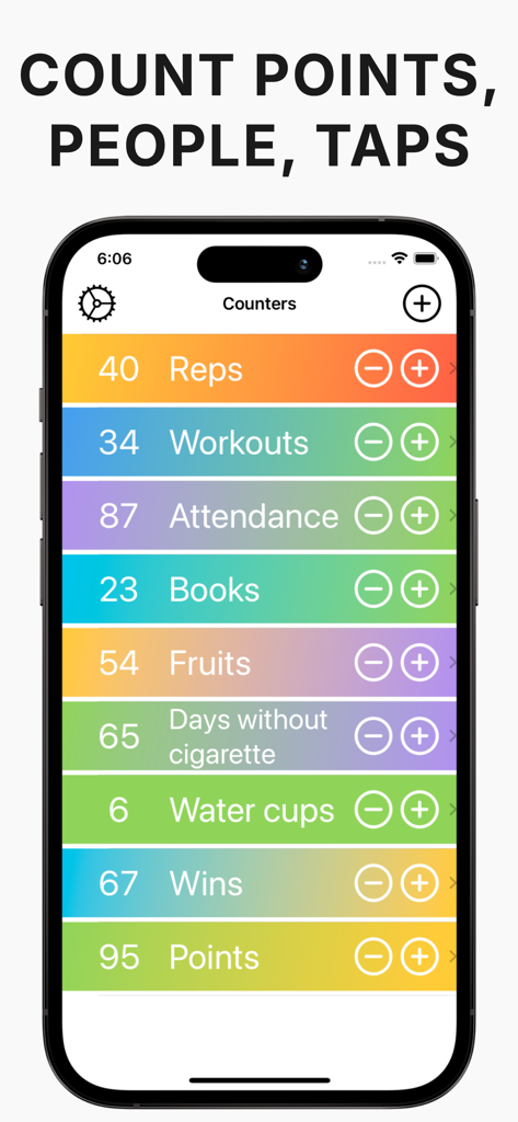 Interface de l'application Tally Counter avec plusieurs trackers colorés pour les habitudes et les activités.
