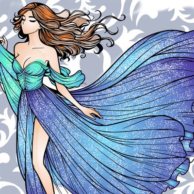 realistic woman in dress flowing the the wind