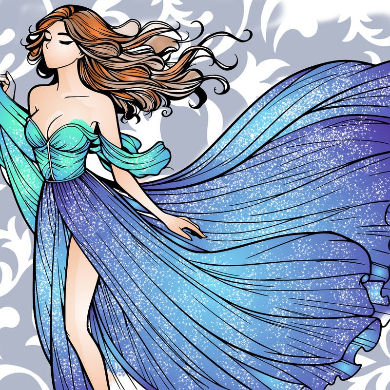 realistic woman in dress flowing the the wind