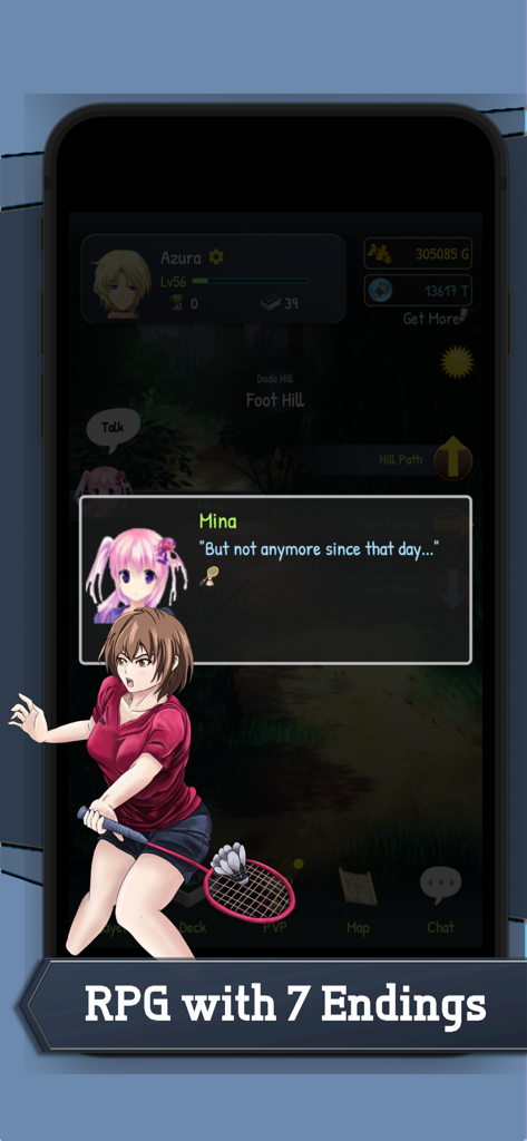 BattleCross Badminton Card RPG - Anime style story dialogue in BattleCross Badminton Card RPG featuring a girl with a badminton racket