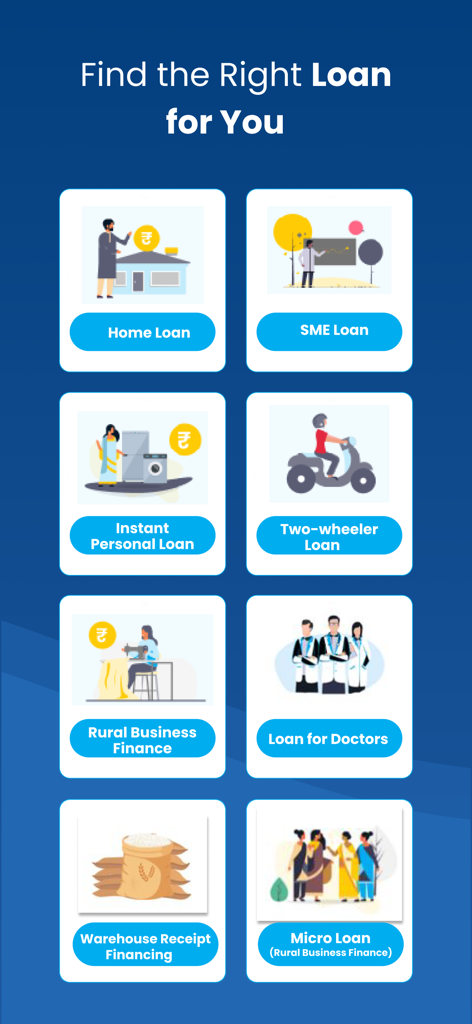 L&T Finance PLANET - Loan App - App screen showing various loan options like Home Loan Personal Loan and Loan for Doctors on the PLANET by LT Finance app