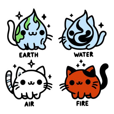 4 cats that represent the different elements, earth, water, air, and fire