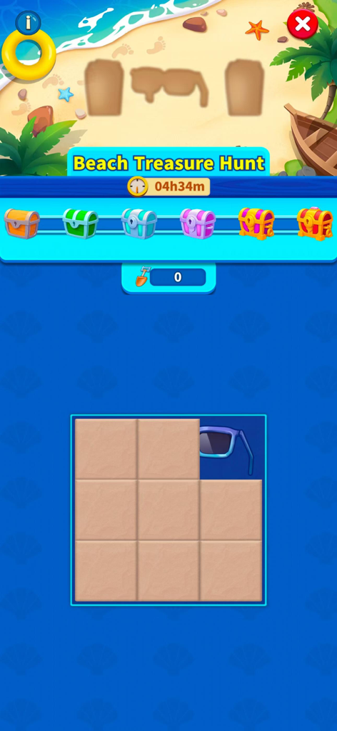 Merge Designer - Decor & Story - Merge Designer game screen showing a Beach Treasure Hunt mini game with a grid and colorful treasure chests