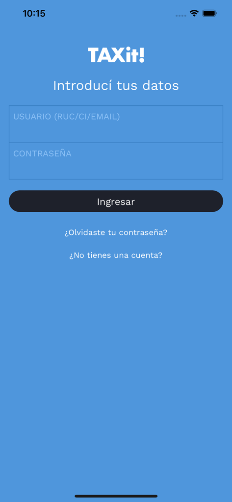 TAXit! - Login screen of the TAXit app with username and password fields in Spanish
